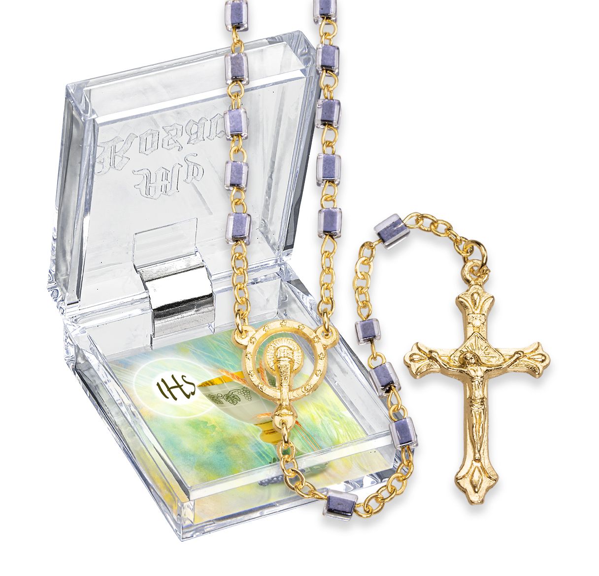 Black Cylindrical Bead Gold-Plated Communion Rosary