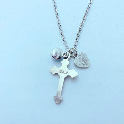 Crucifix with Heart Shaped Miraculous Medal and Blue Gem
