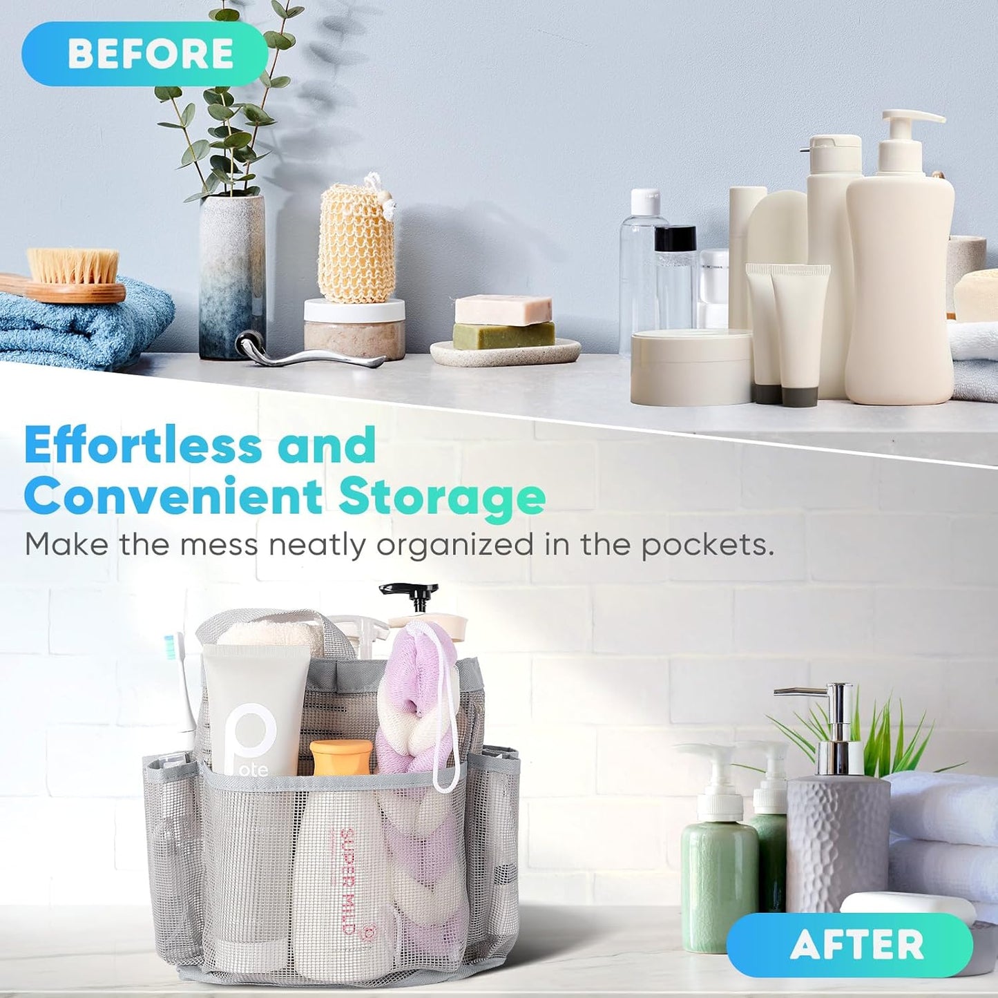 2 Pack Mesh Shower Caddy Portable for College Dorm Room Essentials, Shower Caddy Dorm with 8-Pocket Large Capacity,Shower Bag for Beach,Swimming,Gym