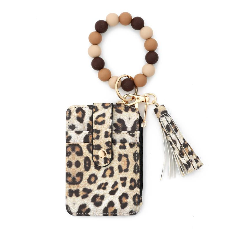 Christmas Gift Free!Ship! Keychain Wristlet Wallets for Women Cute Silicone Beaded Credit Card Holder Aesthetic Key Ring Bracelet Leopard Wallet Flower