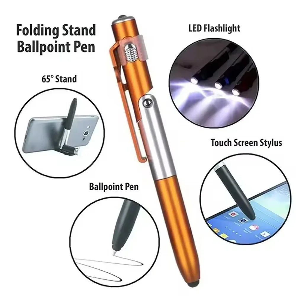 4-in-1 Multifunctional Folding Phone Holder Ballpoint Pen Built-in Night Light Portable Writing Stationery Multi Tool Supplies