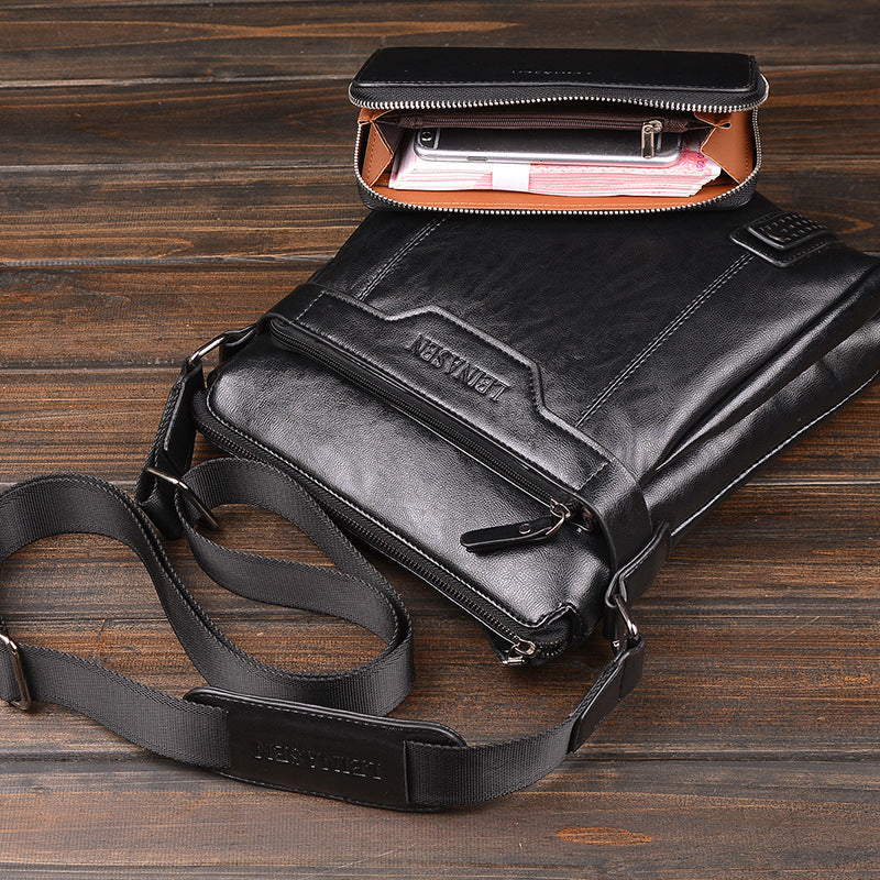 LEINASEN Men's Leather Messenger Bag – Zipper Shoulder Crossbody Bag for Business & Travel
