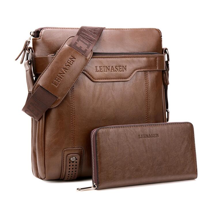 LEINASEN Men's Leather Messenger Bag – Zipper Shoulder Crossbody Bag for Business & Travel
