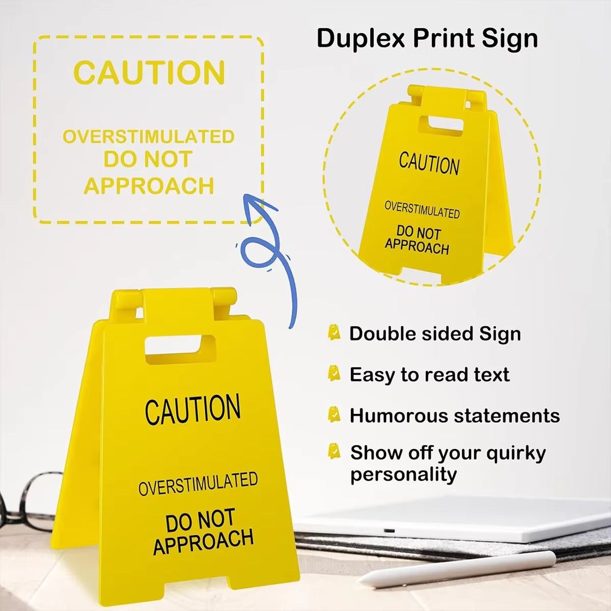 1 PCS Caution Overstimulated Desk Sign - Funny Office Desk Warning Signs for Colleagues, Employees, and Bosses, Office Decor