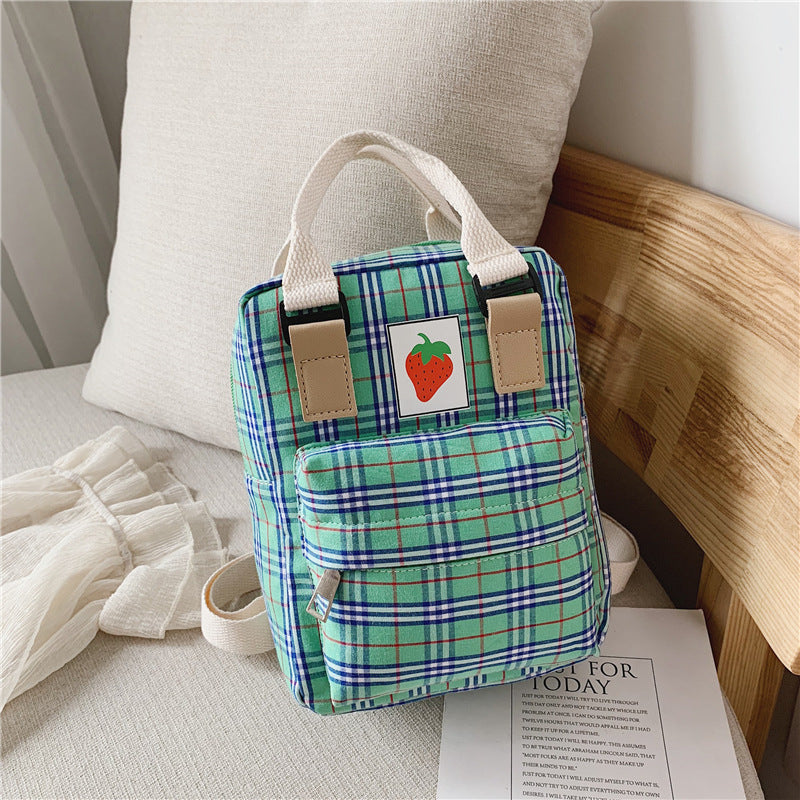 Fashion Mini Cartoon Plaid Children's Backpack – Cute Strawberry Canvas Bag for Kids