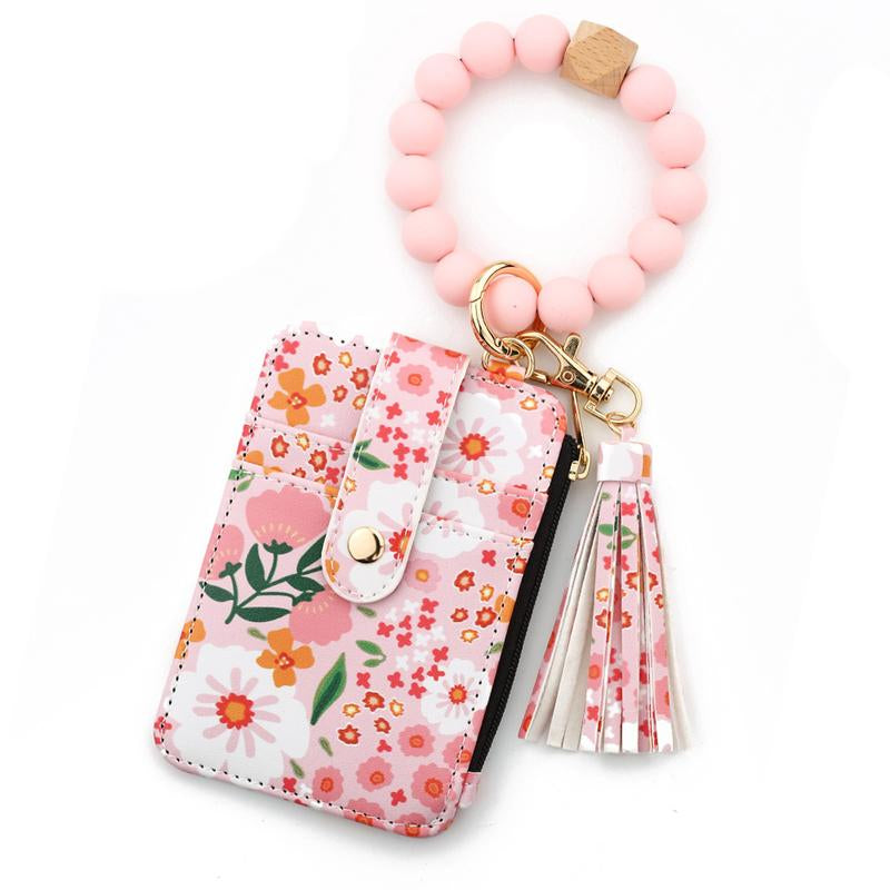 Christmas Gift Free!Ship! Keychain Wristlet Wallets for Women Cute Silicone Beaded Credit Card Holder Aesthetic Key Ring Bracelet Leopard Wallet Flower