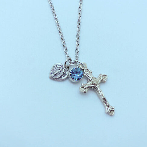 Crucifix with Heart Shaped Miraculous Medal and Blue Gem