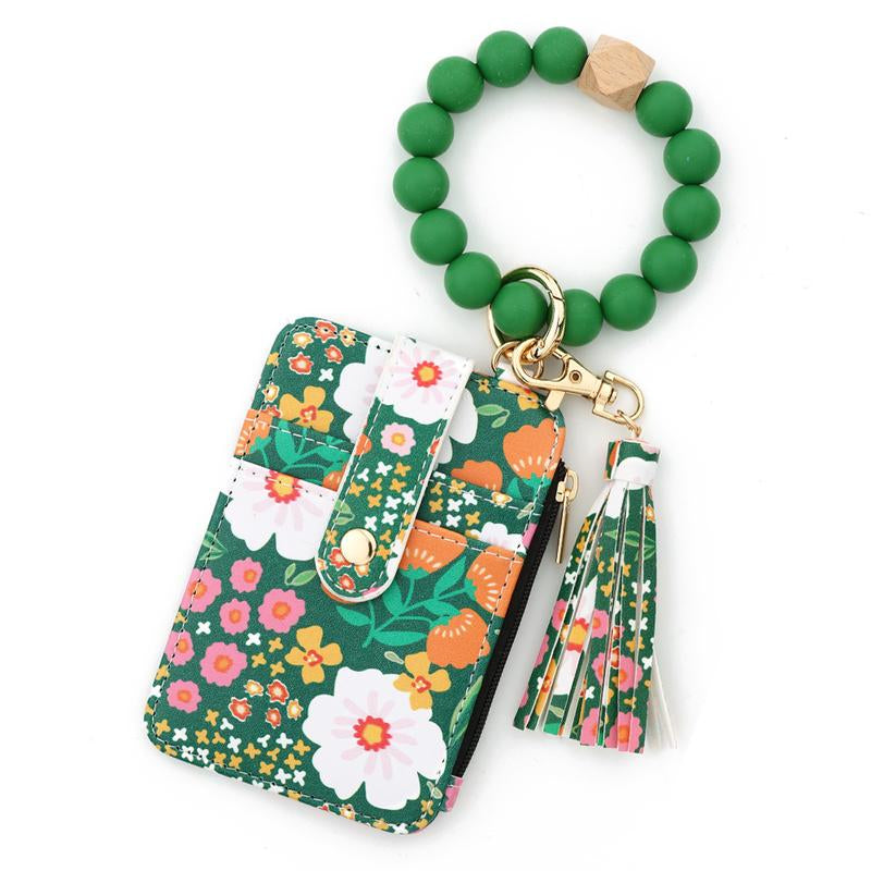 Christmas Gift Free!Ship! Keychain Wristlet Wallets for Women Cute Silicone Beaded Credit Card Holder Aesthetic Key Ring Bracelet Leopard Wallet Flower