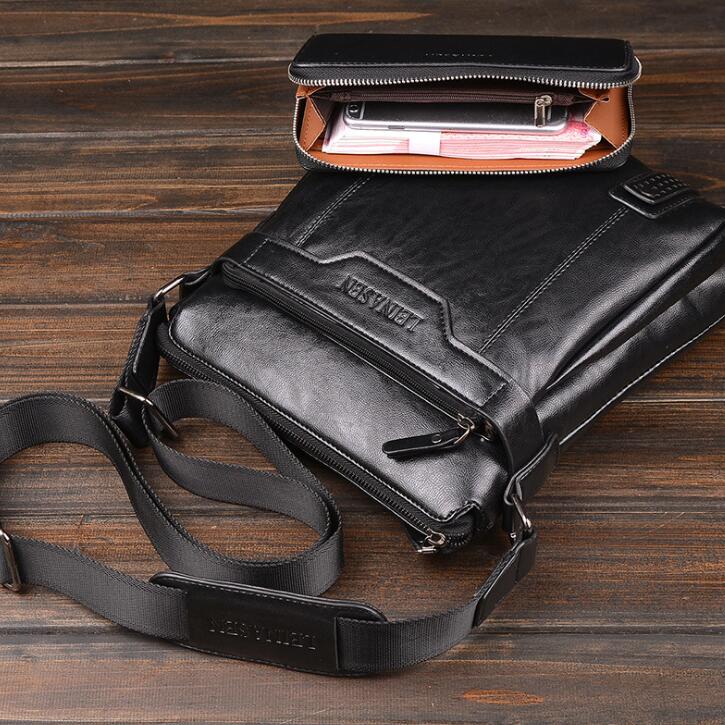 LEINASEN Men's Leather Messenger Bag – Zipper Shoulder Crossbody Bag for Business & Travel