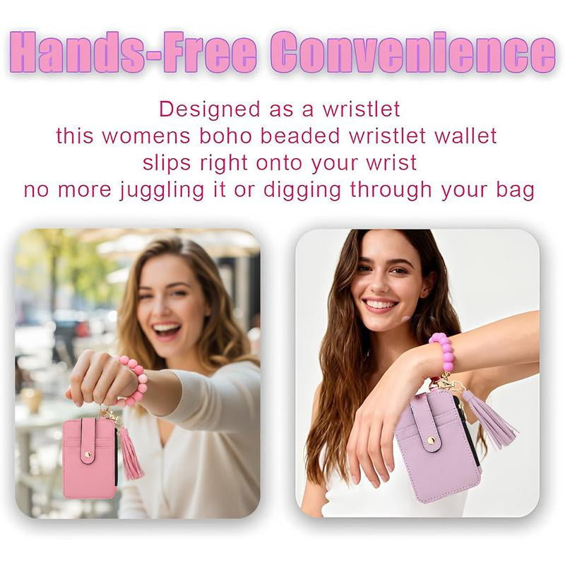 Christmas Gift Free!Ship! Keychain Wristlet Wallets for Women Cute Silicone Beaded Credit Card Holder Aesthetic Key Ring Bracelet Leopard Wallet Flower