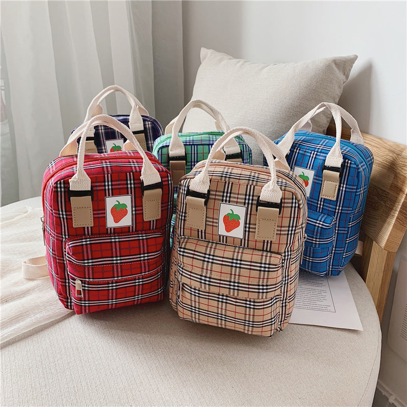 Fashion Mini Cartoon Plaid Children's Backpack – Cute Strawberry Canvas Bag for Kids