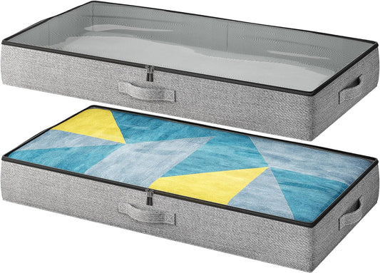 Under Bed Storage Containers 2 Pack -Underbed Storage with Plastic Cover-Organizers Bin Low Profile under Bed Storage 4.3" Thin Slim -Bedding/Rv Storage/Blanket/Shoe/Clothes Drawers