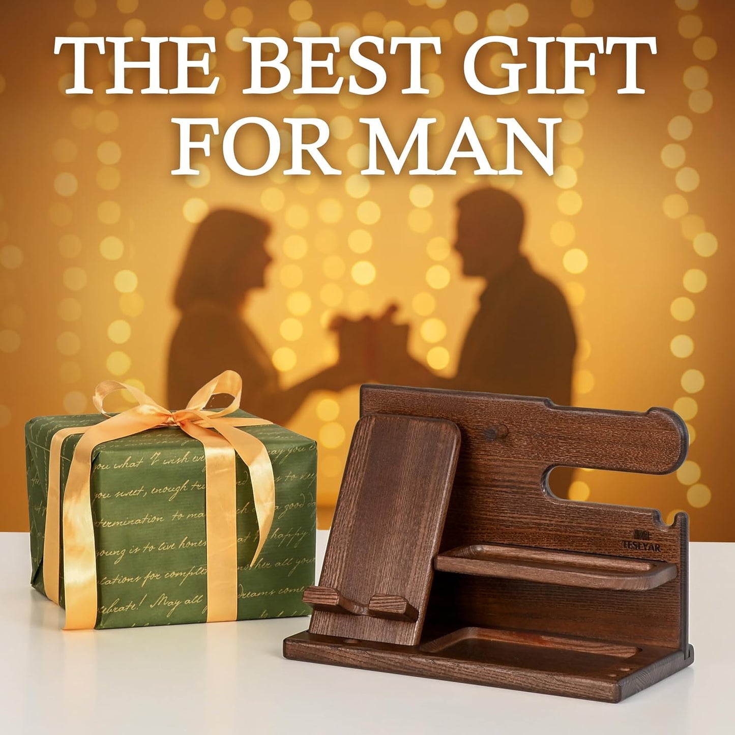 Wood Phone Docking Station - Gifts for Men - Desk or Nightstand Organizer - Birthday Gift for Husband, Dad - Anniversary Idea from Wife - Key Holder, Stand Wallet & Essentials (Bourbon Brown)