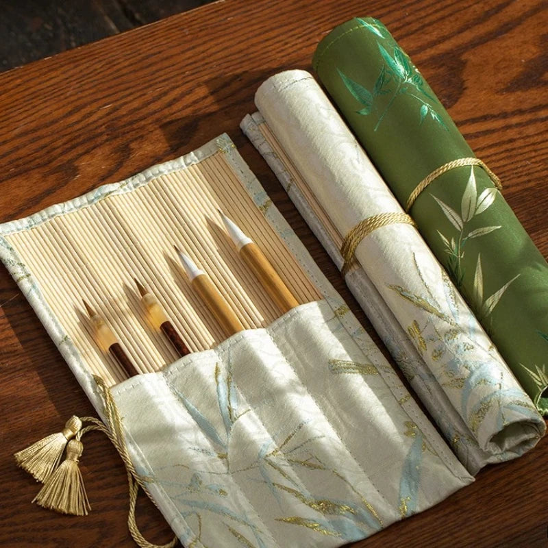 ✨Vintage Bamboo Roll Up Pencil Bag Chinese Calligraphy Brush Holder Wrap Retro Style Pencil Roll for Artists and School Supplies
