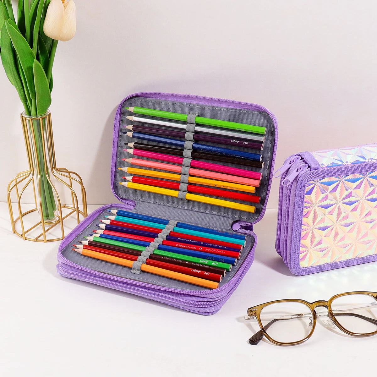 Y2K Purple Holographic Pencil Case, 2 Zipper Large Capacity Pencil Pouch for Girls Kids Back to School Supplies
