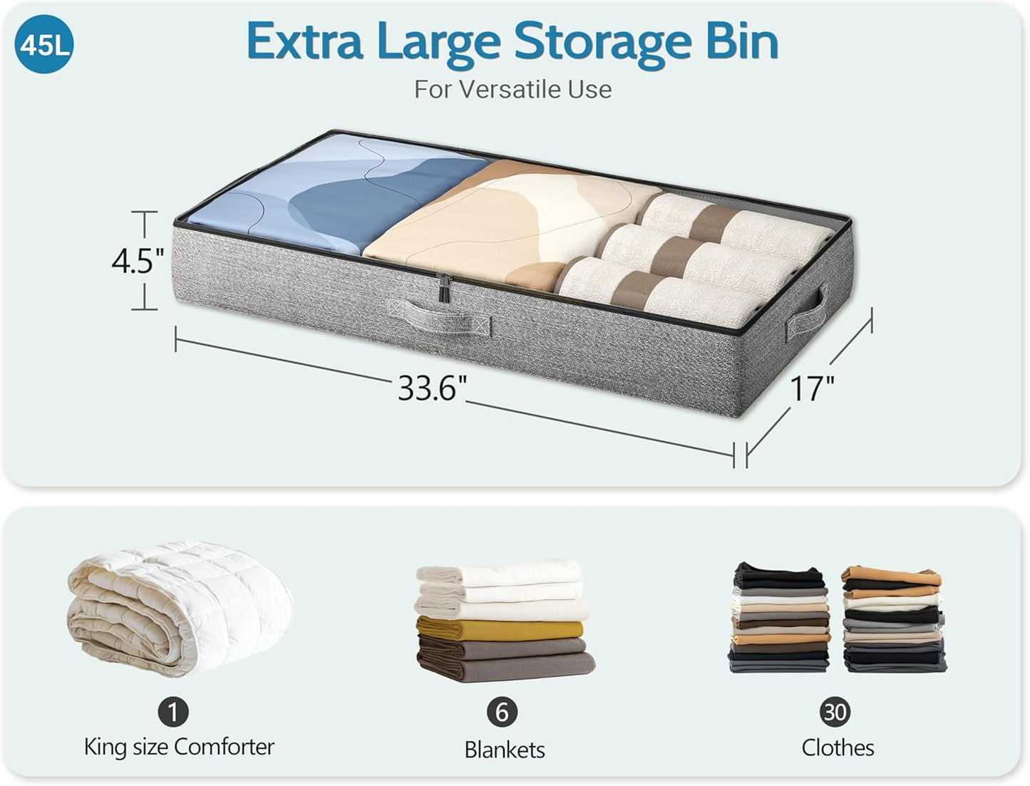 Under Bed Storage Containers 2 Pack -Underbed Storage with Plastic Cover-Organizers Bin Low Profile under Bed Storage 4.3" Thin Slim -Bedding/Rv Storage/Blanket/Shoe/Clothes Drawers