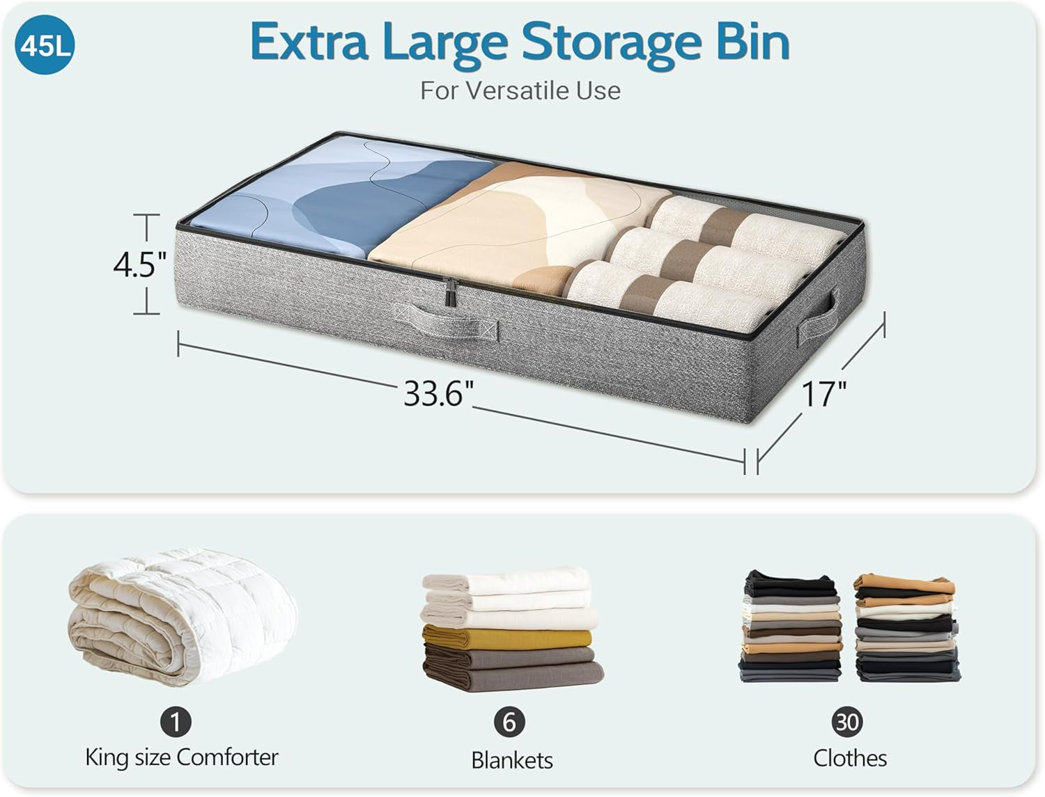 Under Bed Storage Containers 2 Pack -Underbed Storage with Plastic Cover-Organizers Bin Low Profile under Bed Storage 4.3" Thin Slim -Bedding/Rv Storage/Blanket/Shoe/Clothes Drawers