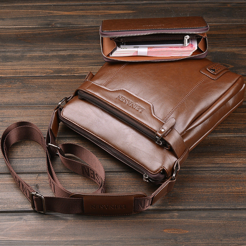 LEINASEN Men's Leather Messenger Bag – Zipper Shoulder Crossbody Bag for Business & Travel