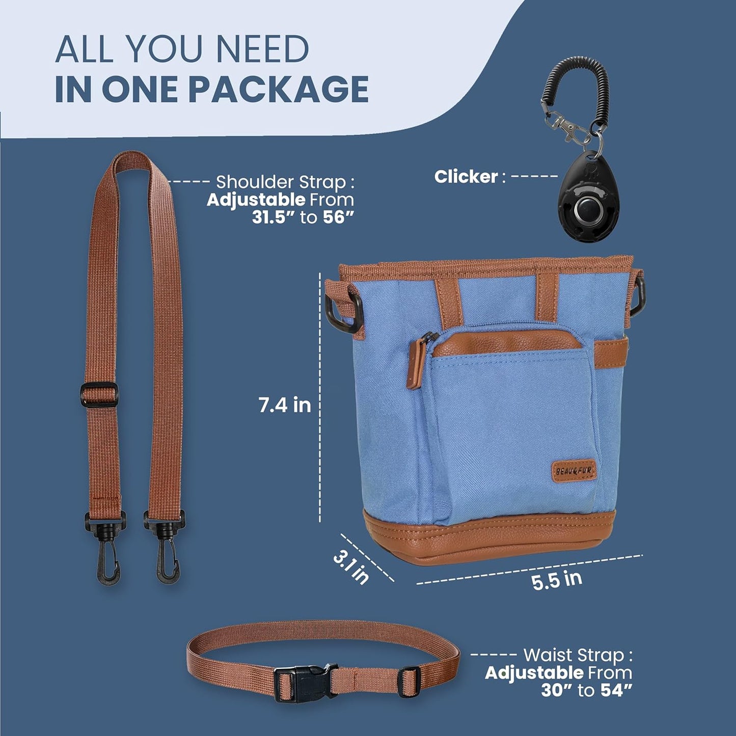 Dog Treat Pouch with Dog Clicker for Training - Hands-Free Dog Treat Bag with Magnetic Closure, Multi-Pocket Treat Pouches for Pet Training with Built-In Poop Bag Holder Pocket