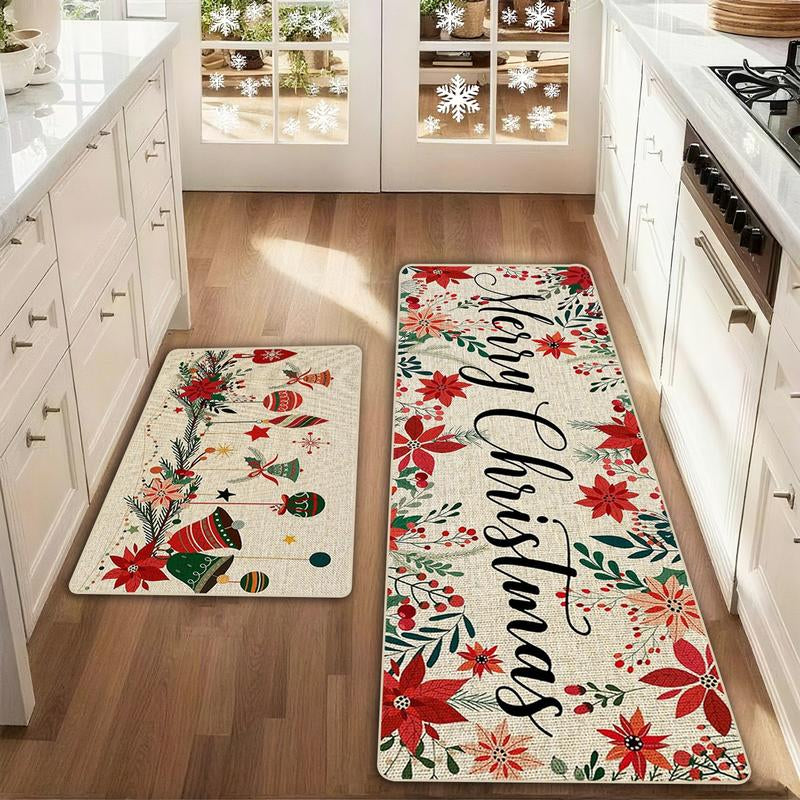 2 Counts Christmas Kitchen Mats Floral Area Rug Set of 2, Soft Low Profile Non-Slip Pads, Perfect for Home Decor, Holiday Gift Ideas, Office Use