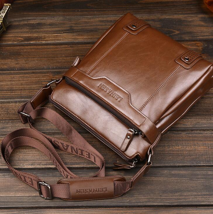 LEINASEN Men's Leather Messenger Bag – Zipper Shoulder Crossbody Bag for Business & Travel