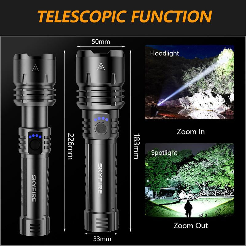 SKYFIRE 1376 LED Flashlight – High Lumen Rechargeable Torch with Fire-Gathering Lens, Zoomable, 5 Lighting Modes, Ultra-Bright for Camping, Outdoor & Home Use