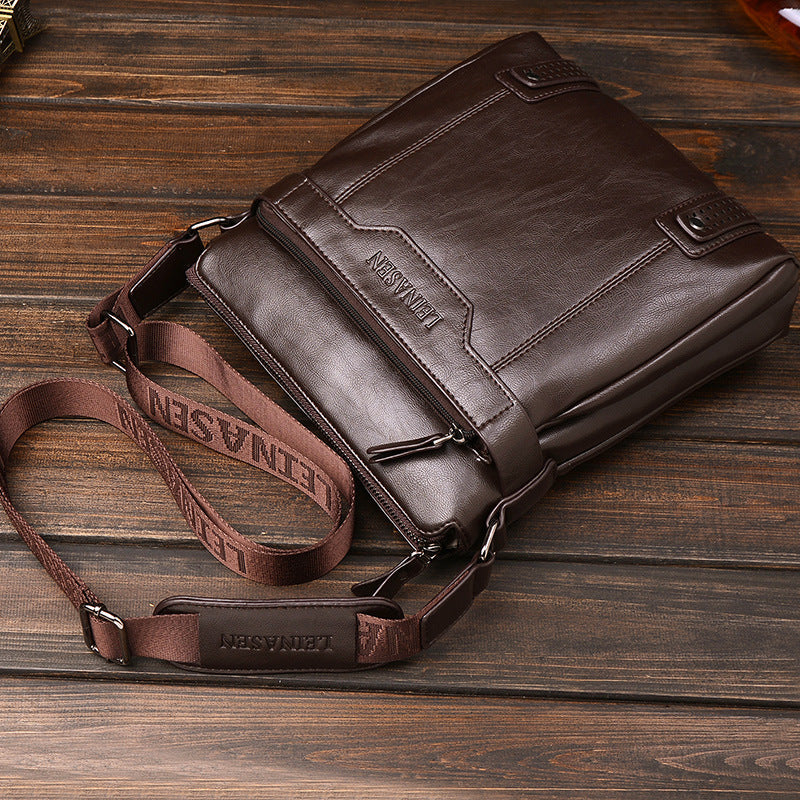 LEINASEN Men's Leather Messenger Bag – Zipper Shoulder Crossbody Bag for Business & Travel