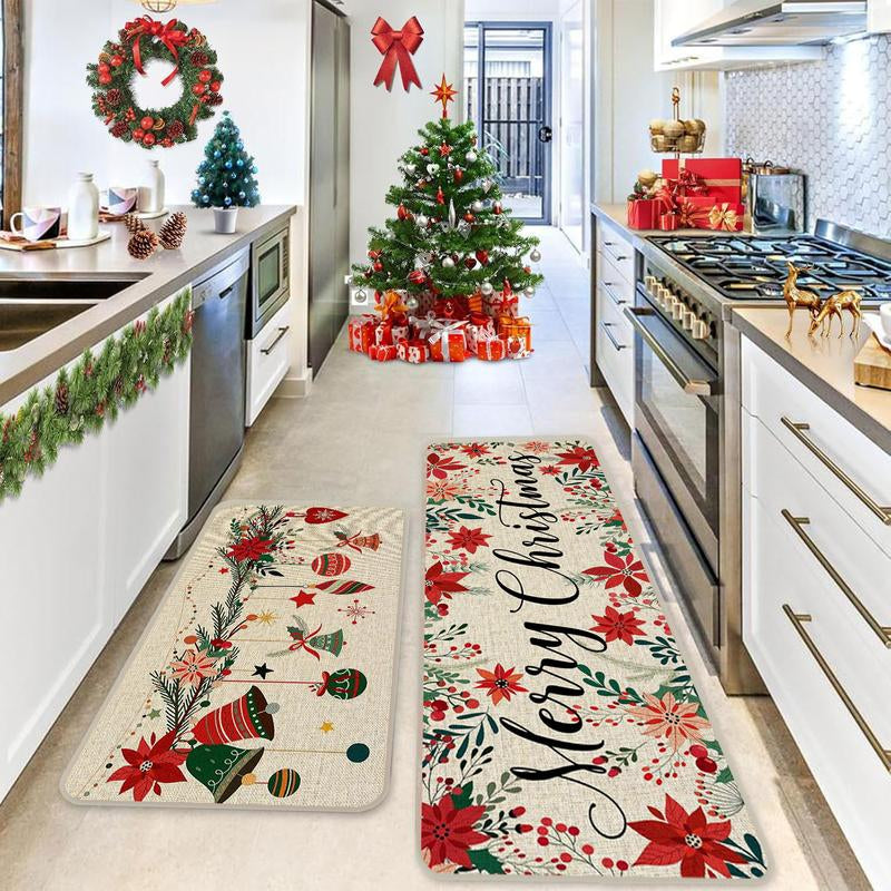 2 Counts Christmas Kitchen Mats Floral Area Rug Set of 2, Soft Low Profile Non-Slip Pads, Perfect for Home Decor, Holiday Gift Ideas, Office Use