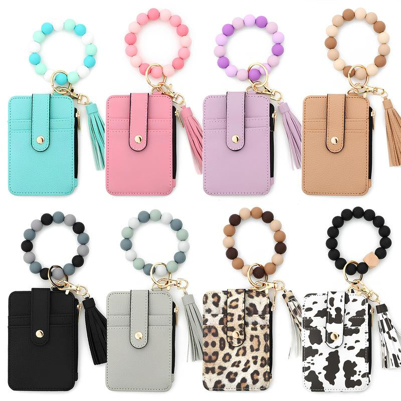 Christmas Gift Free!Ship! Keychain Wristlet Wallets for Women Cute Silicone Beaded Credit Card Holder Aesthetic Key Ring Bracelet Leopard Wallet Flower