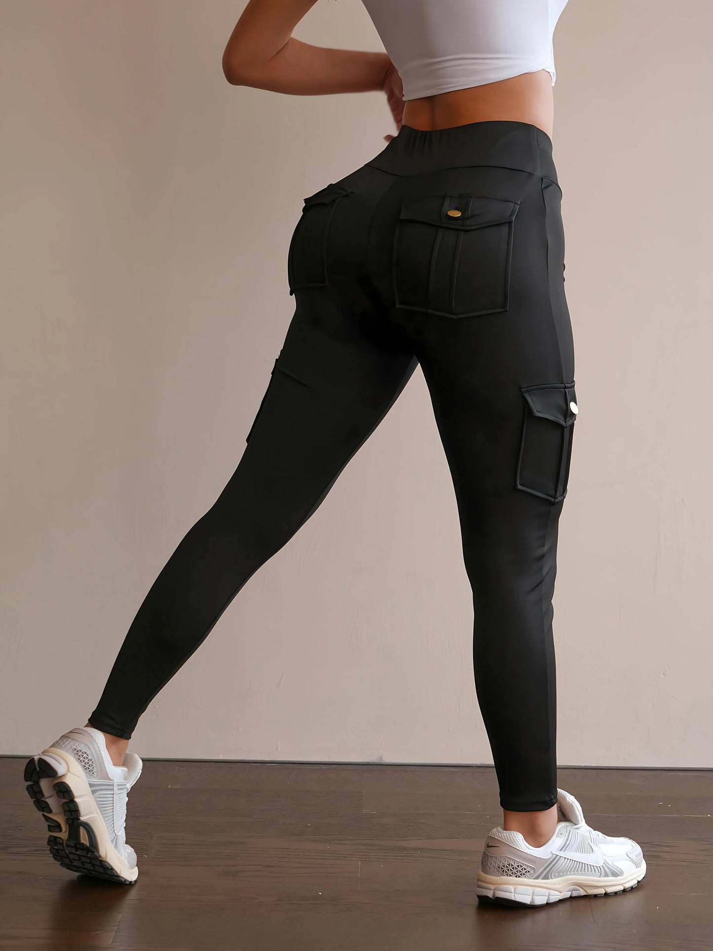 Women's High Waist Cargo Yoga Pants with Pockets, Butt Lifting Workout Leggings, Stretch Athletic Pants for Running Gym Fitness