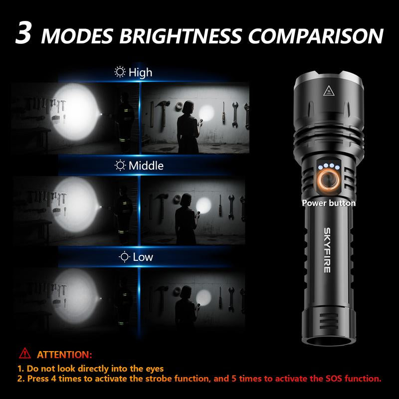 SKYFIRE 1376 LED Flashlight – High Lumen Rechargeable Torch with Fire-Gathering Lens, Zoomable, 5 Lighting Modes, Ultra-Bright for Camping, Outdoor & Home Use