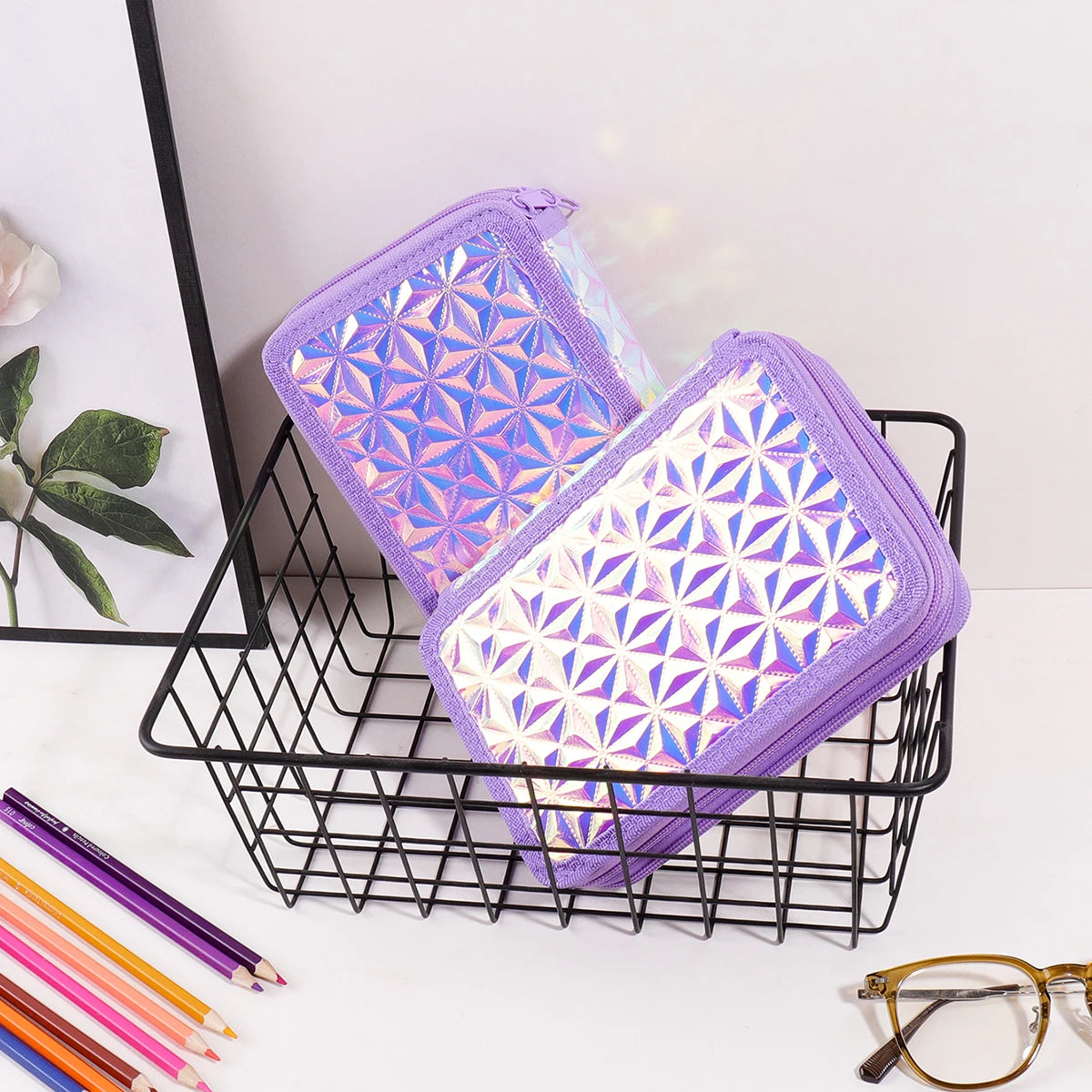 Y2K Purple Holographic Pencil Case, 2 Zipper Large Capacity Pencil Pouch for Girls Kids Back to School Supplies