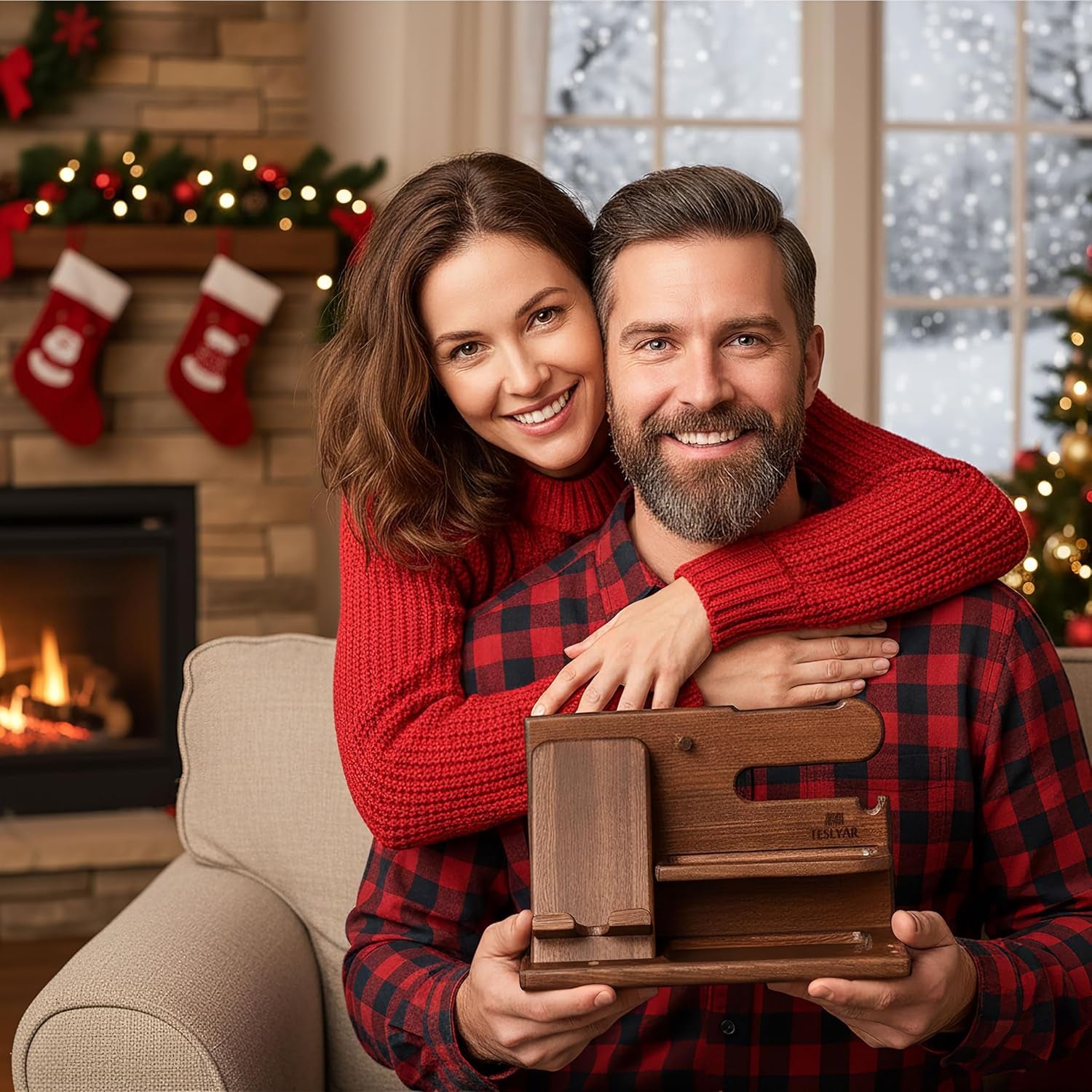 Wood Phone Docking Station - Gifts for Men - Desk or Nightstand Organizer - Birthday Gift for Husband, Dad - Anniversary Idea from Wife - Key Holder, Stand Wallet & Essentials (Bourbon Brown)
