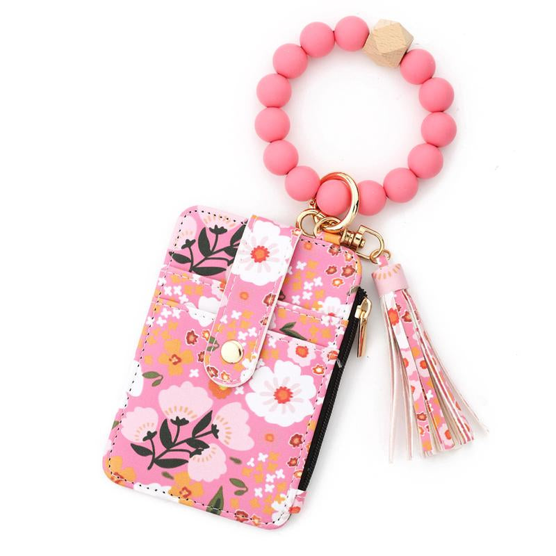 Christmas Gift Free!Ship! Keychain Wristlet Wallets for Women Cute Silicone Beaded Credit Card Holder Aesthetic Key Ring Bracelet Leopard Wallet Flower