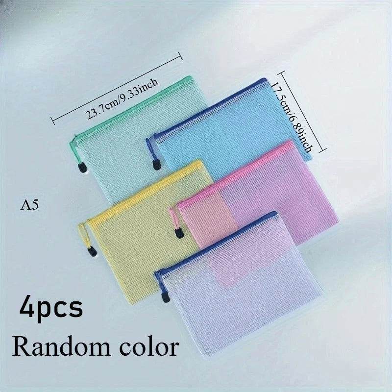 4PCS Stationery Storage Folder File Mesh Zipper Pouch A4 A5 A6 Document Bag Zip File Folders School Office Supplies
