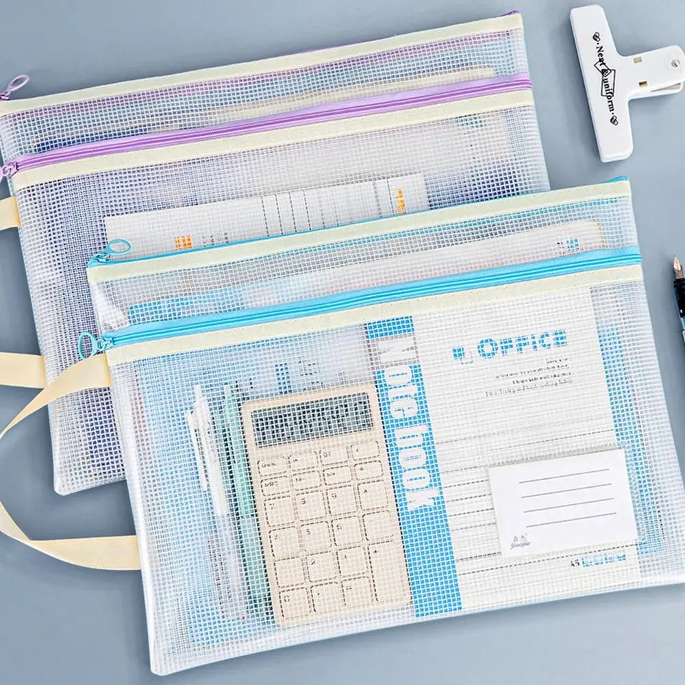 Portable A3/A4 Document Bag Transparent Waterproof Classification File Bag School Office Supplies Zipper Mesh Storage Bag
