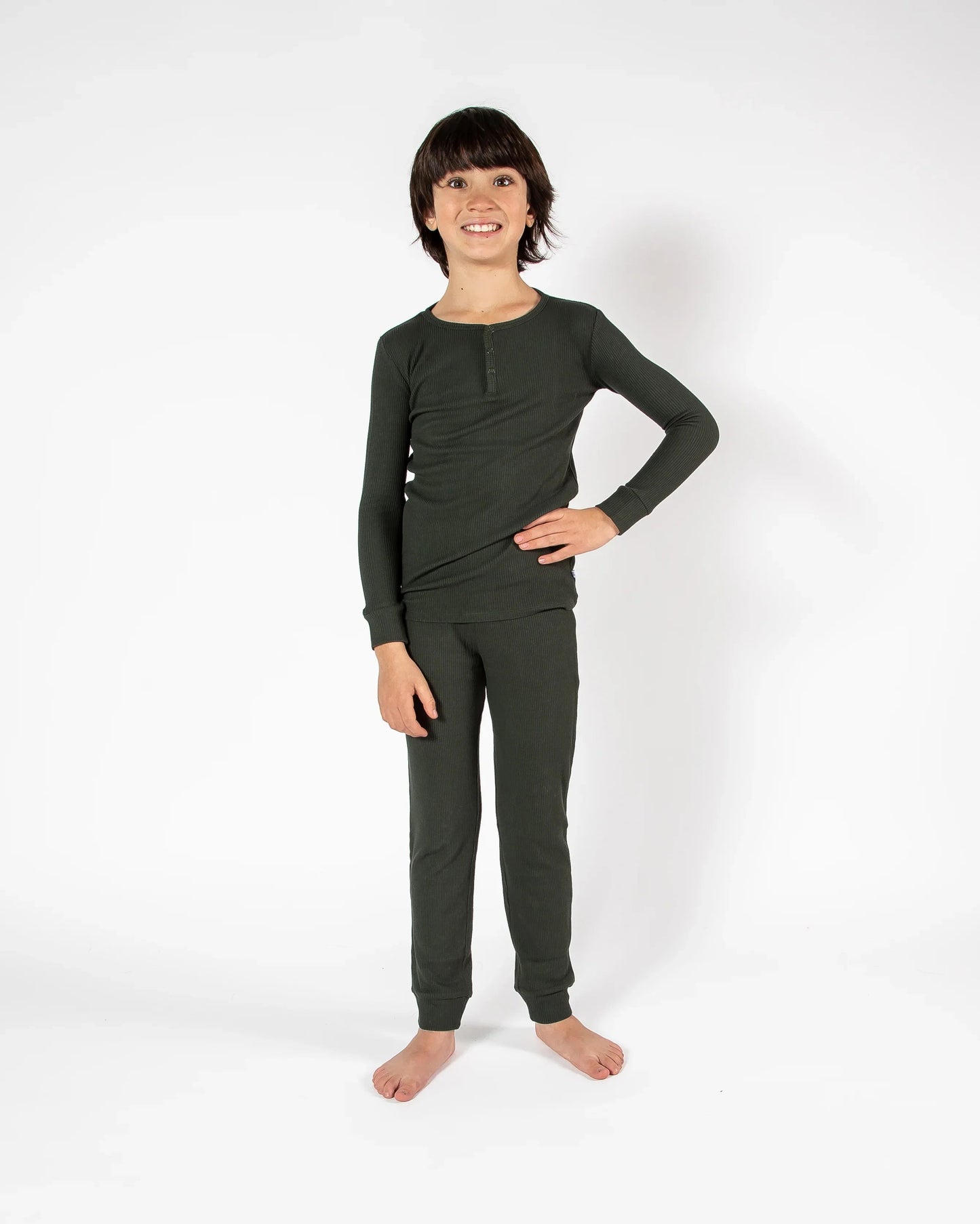 Deep Forest Green Waffle Two Piece Long Pajama Set