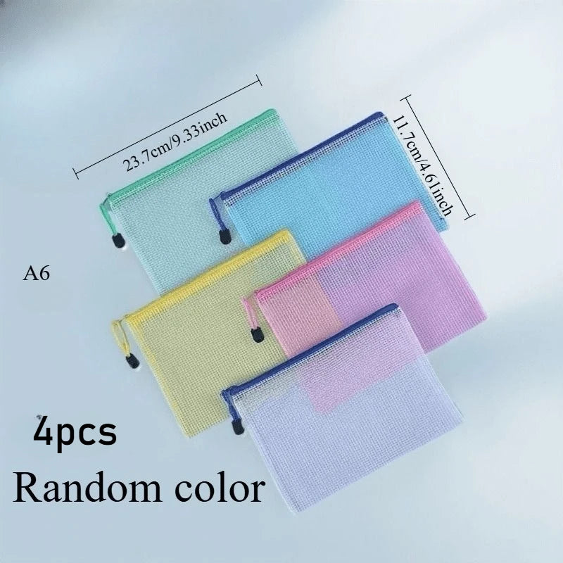 4PCS Stationery Storage Folder File Mesh Zipper Pouch A4 A5 A6 Document Bag Zip File Folders School Office Supplies