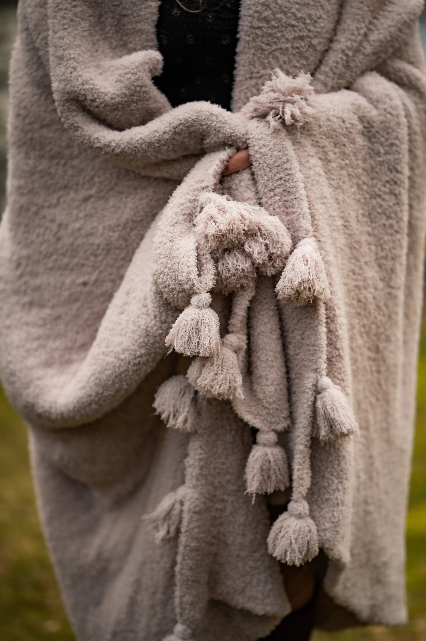 Blushing Beige Solid Double Layer with Tassels Print Extended Throw