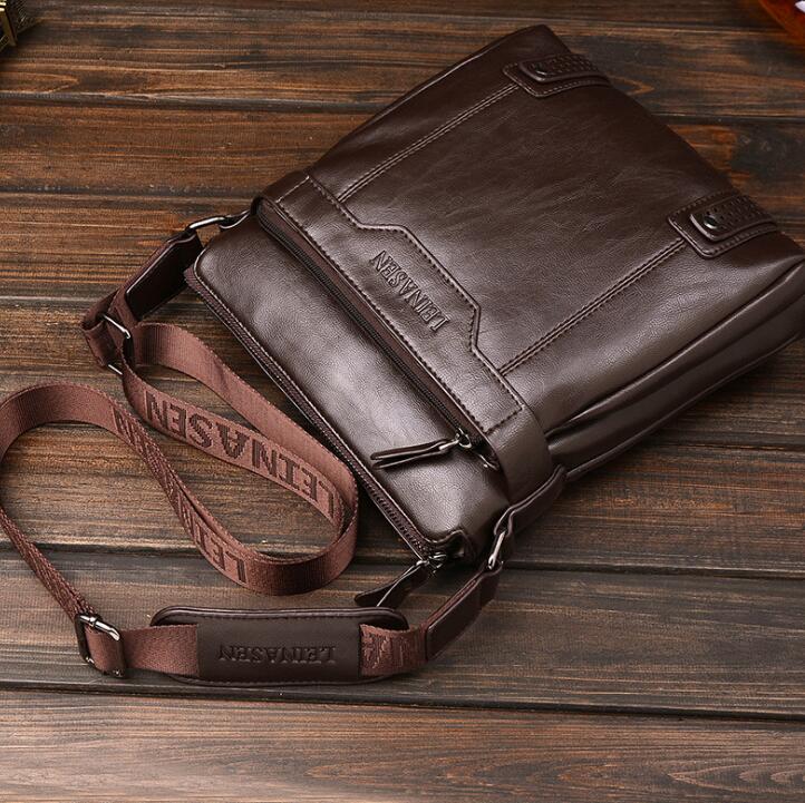 LEINASEN Men's Leather Messenger Bag – Zipper Shoulder Crossbody Bag for Business & Travel