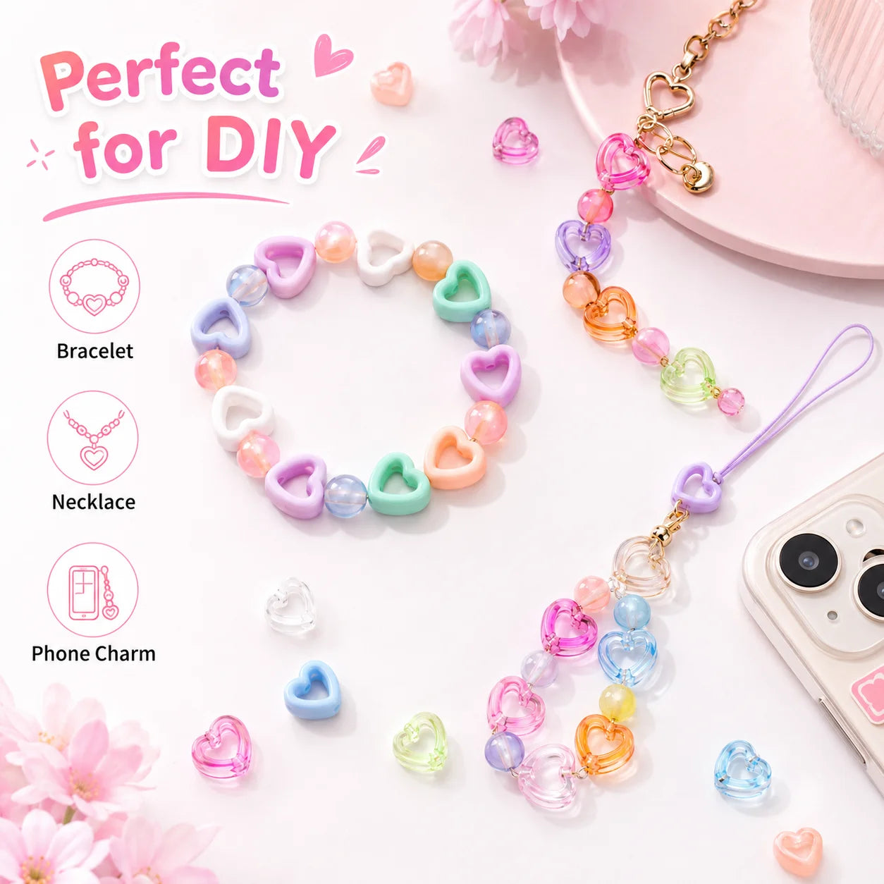 30Pcs Multicolor Clear Heart Acrylic Spacer Beads Hollow Heart Beads For DIY Beaded Pens Stationery Ornament Handcraft Material