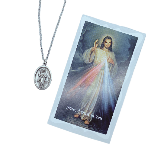 Divine Mercy Medal on 24" Chain, With Holy Card