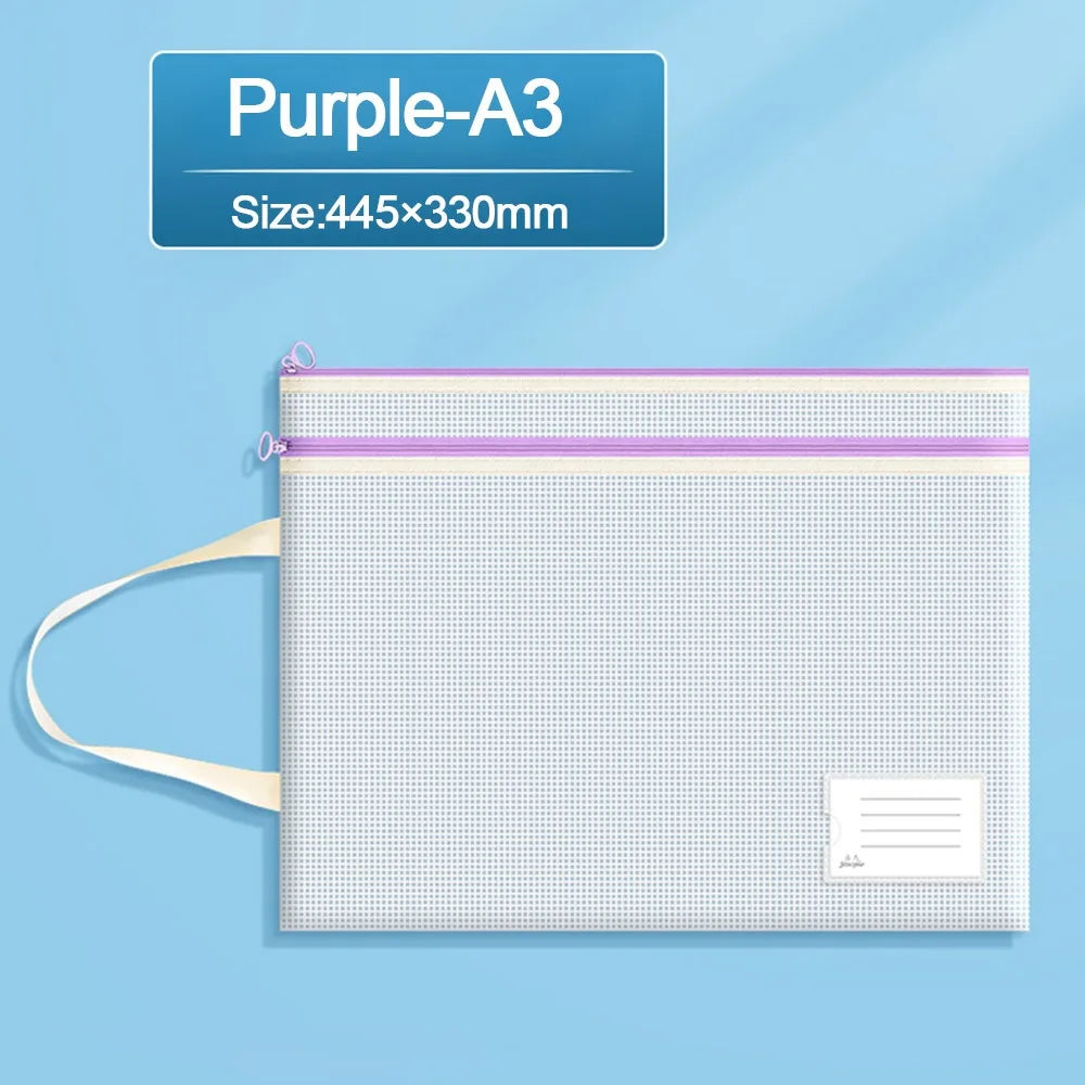 Portable A3/A4 Document Bag Transparent Waterproof Classification File Bag School Office Supplies Zipper Mesh Storage Bag