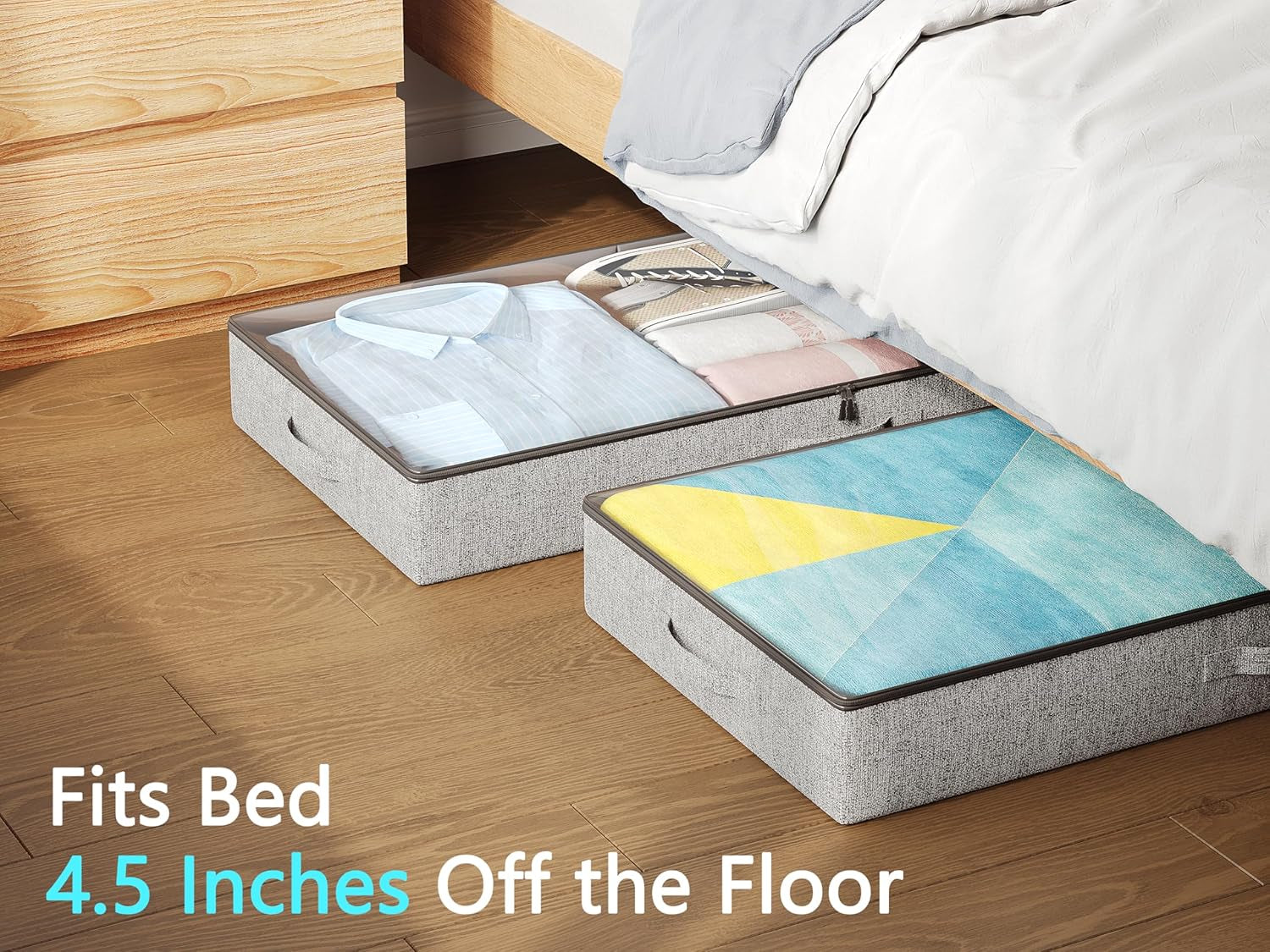 Under Bed Storage Containers 2 Pack -Underbed Storage with Plastic Cover-Organizers Bin Low Profile under Bed Storage 4.3" Thin Slim -Bedding/Rv Storage/Blanket/Shoe/Clothes Drawers