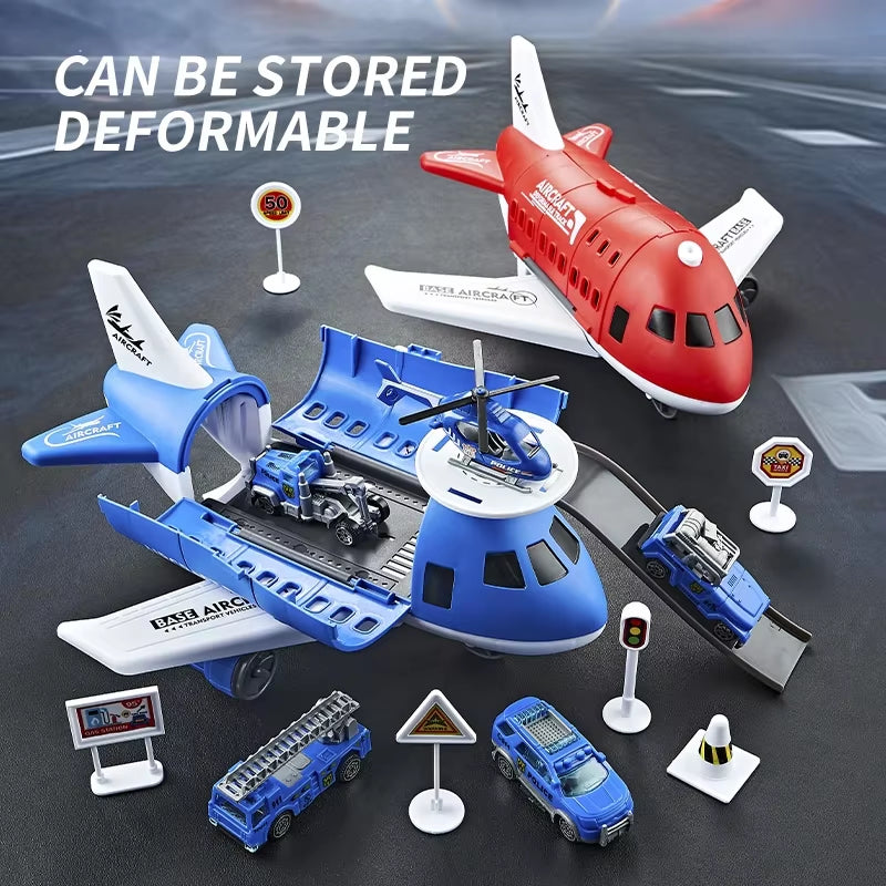 Children'S Airplane Car Model Toys Inertial Model Simulation Planes Multifunctional Toys,Random 3 Cars,1 Helicopter,6 Road Signs
