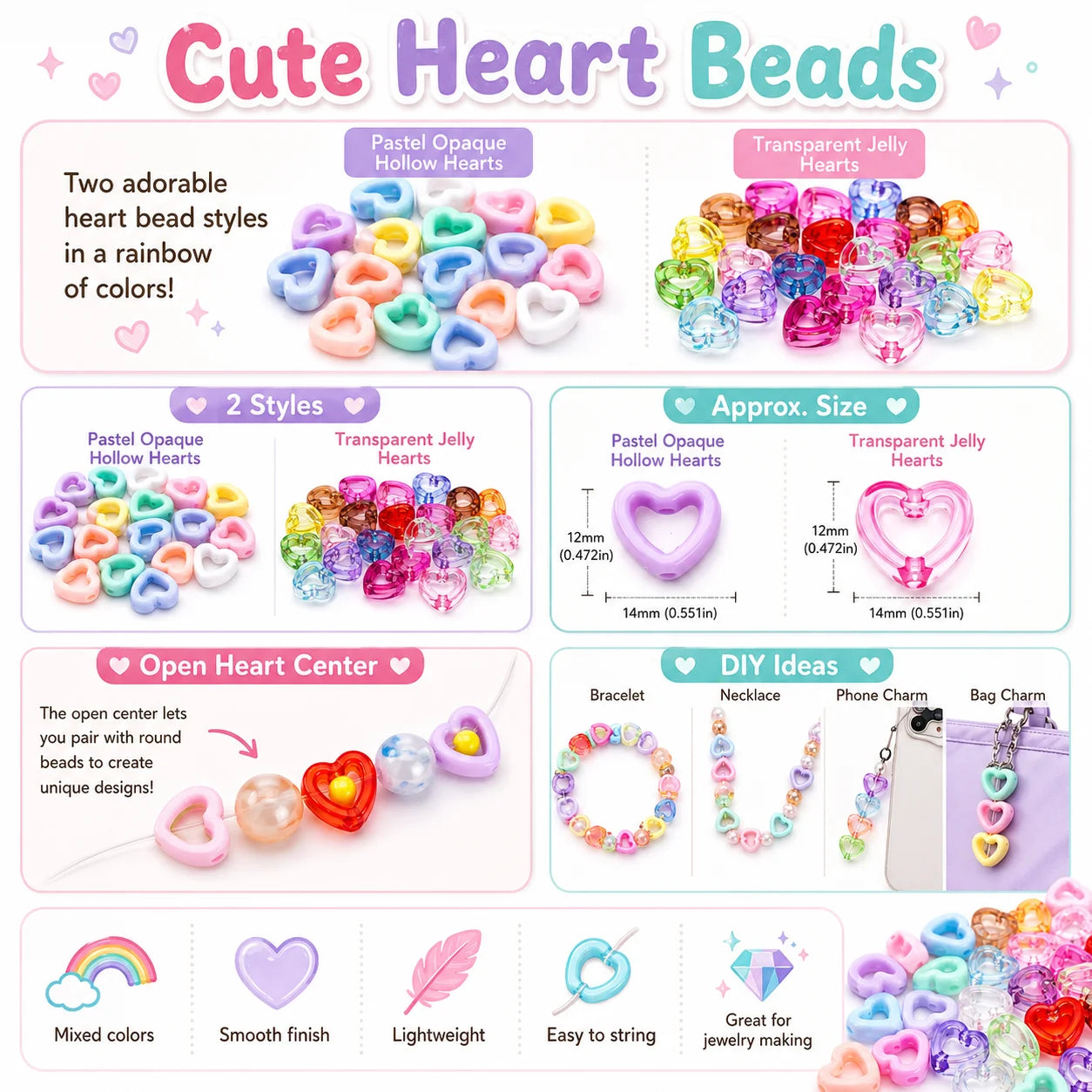 30Pcs Multicolor Clear Heart Acrylic Spacer Beads Hollow Heart Beads For DIY Beaded Pens Stationery Ornament Handcraft Material