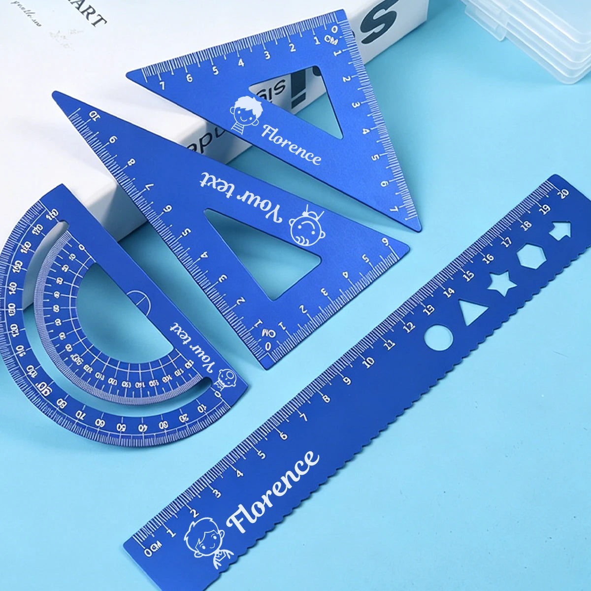 Custom Ruler Set With Text,Personalized Rulers,Triangle Ruler,Wave Line Ruler,Protractor,Back To School Supplies,Teacher's Day