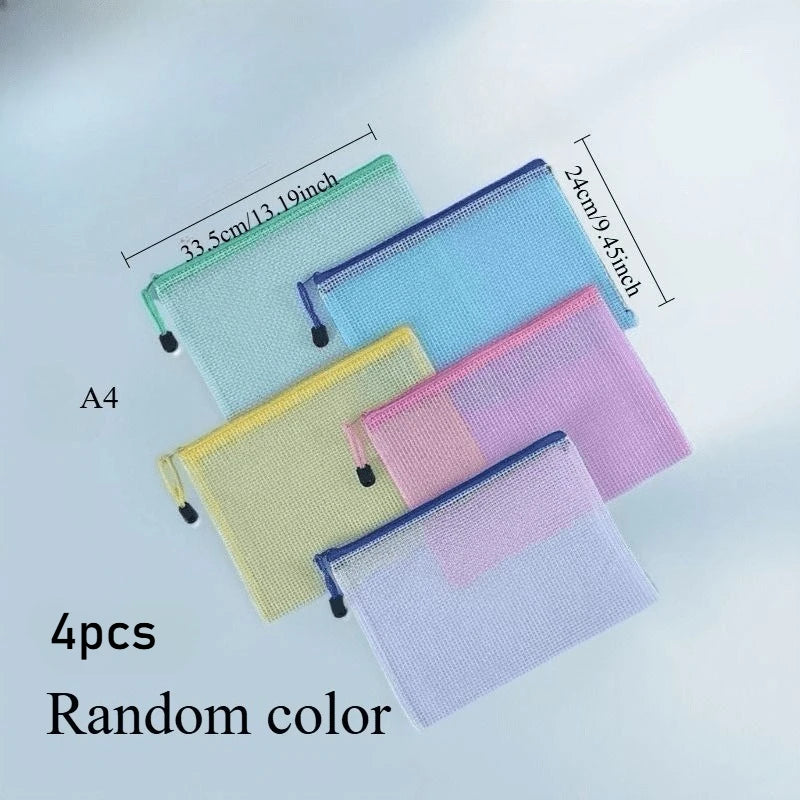 4PCS Stationery Storage Folder File Mesh Zipper Pouch A4 A5 A6 Document Bag Zip File Folders School Office Supplies