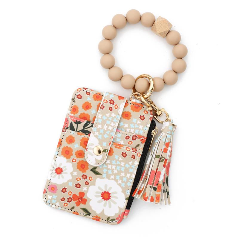 Christmas Gift Free!Ship! Keychain Wristlet Wallets for Women Cute Silicone Beaded Credit Card Holder Aesthetic Key Ring Bracelet Leopard Wallet Flower