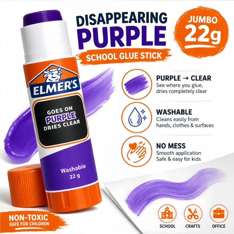 Original Elmer's Disappearing Purple Glue Stick 22g Washable School Craft Adhesive Dries Clear No Mess Non Toxic